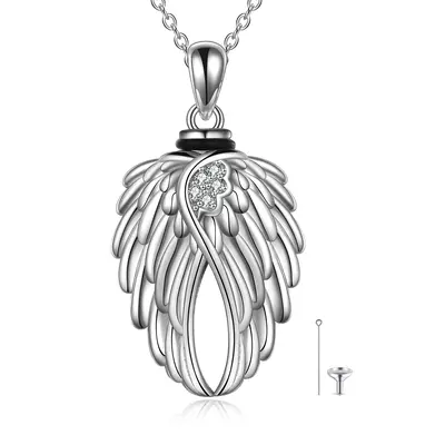 Sterling Silver Angel Wing & Heart Urn Necklace for Ashes with Engraved Word