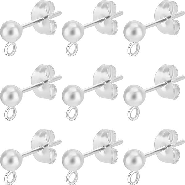Beebeecraft 1 Box 60Pcs Ball Stud Earring Post Stainless Steel 4mm Round Geometry Ear Pin Post with Hole and Ear Nuts for Jew...