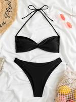 Two-piece Set Women's Solid Twist Halter Bikini Sets, Casual Sleeveless Swim Top & High Cut Swim Bottom, Ladies Summer Swimwe...