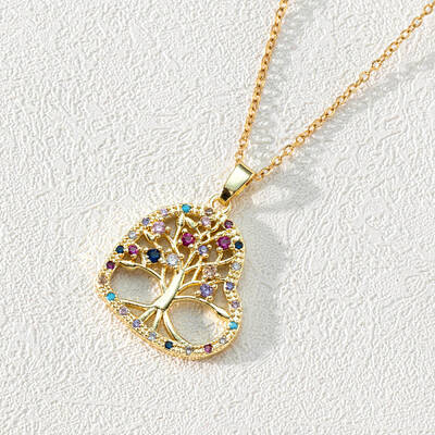 18K Gold Plated Tree of Life Pendant Necklace with CZ Stones Circle Cutout