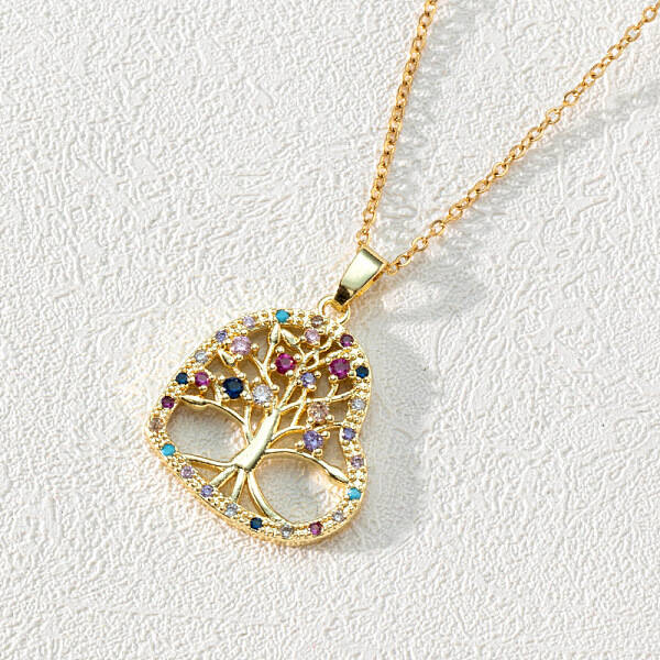 18K Gold Plated Tree of Life Pendant Necklace with CZ Stones Circle Cutout