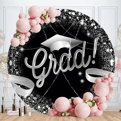 Aperturee Sliver Black Glitter Round Graduation Backdrop