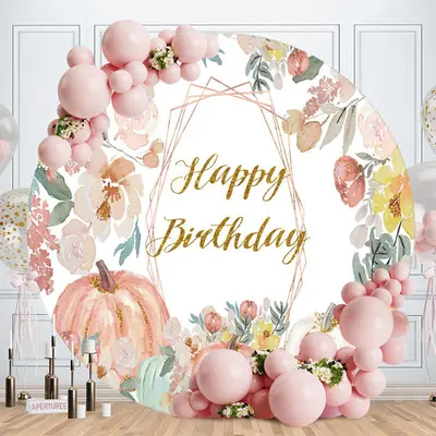 Aperturee Pink Floral And Pumpking Round Happy Birthday Backdrop