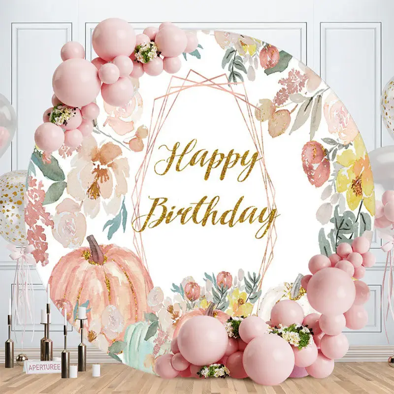 Aperturee Pink Floral And Pumpking Round Happy Birthday Backdrop