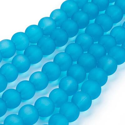 Deep Sky Blue Frosted Round Transparent Glass Bead Strands