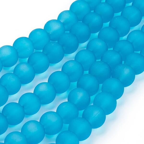 Deep Sky Blue Frosted Round Transparent Glass Bead Strands