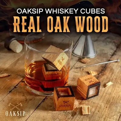 Oaksip - Charred Oak Whiskey Stones, Wooden Bourbon & Whiskey Accessory for Drinking Glass, Reusable Ice Cubes, Gifts for Men...