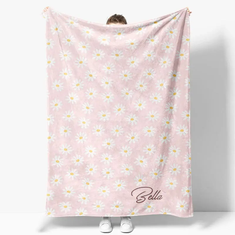 Dense Pink White Daisy Floral Custom Name Blanket - Aperturee