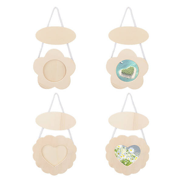 4Pcs 4 Styles Unfinished Natural Wood Hanging Photo Frame