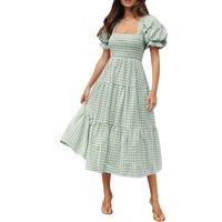 ZESICA Women's 2024 Bohemian Summer Plaid Square Neck Puff Sleeve Ruffle Flowy Beach Midi Dress Feminine Casual summer outfit...