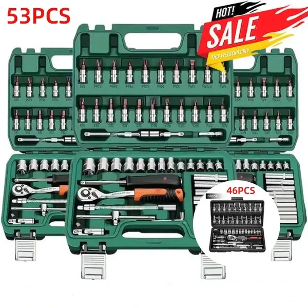 53/46pcs 1/4 Inch Drive Socket Ratchet Wrench Set, With Bit Socket Set Metric And Extension Bar For Auto Repairing And Househ...