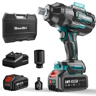 Seesii Cordless Impact Wrench, 1180Ft-lbs(1600N.m) High Torque Impact Wrench 3/4, Brushless Impact Wrench w/ One 5.0Ah Batt...