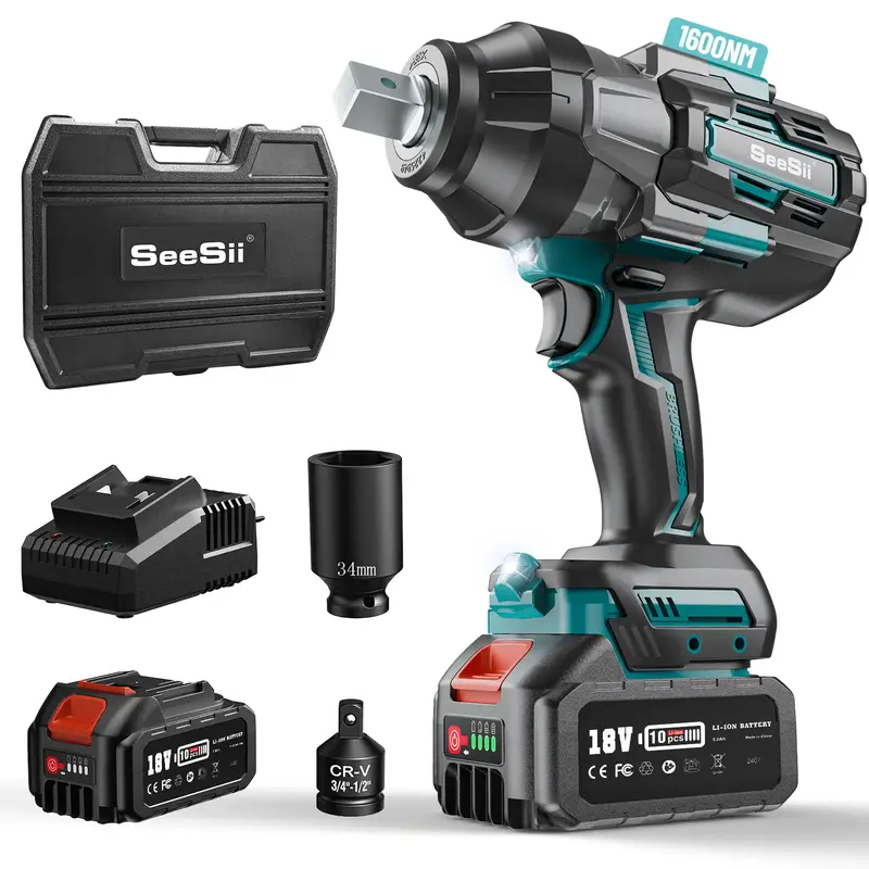 Seesii Cordless Impact Wrench, 1180Ft-lbs(1600N.m) High Torque Impact Wrench 3/4, Brushless Impact Wrench w/ One 5.0Ah Batt...