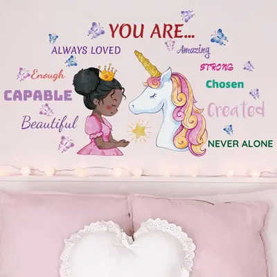 1 Set Cartoon Girl & Unicorn Pattern Wall Sticker, Slogan Graphic Creative Wall Decal, Wall Decorative Tiles Sticker for Home...