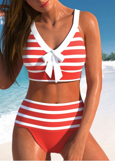 Modlily Patchwork High Waisted Striped Coral Bikini Set - XL