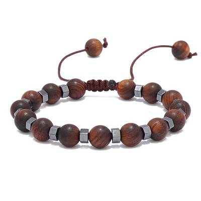 Adjustable Round Wood & synthetic Non-magnetic Hematite Braided Bead Bracelets for Men