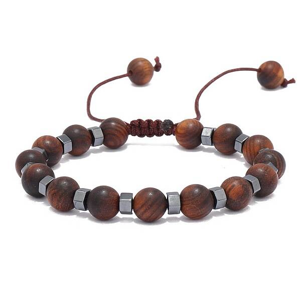 Adjustable Round Wood & synthetic Non-magnetic Hematite Braided Bead Bracelets for Men