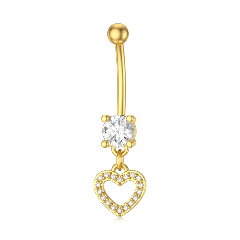 14K Gold Circular Shaped Cubic Zirconia Heart Belly Button Ring