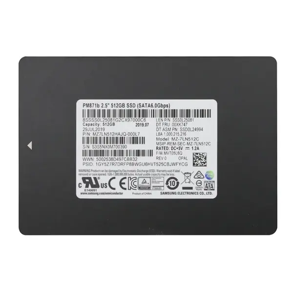 MZ7LN512HAJQ-000L7 Samsung Enterprise PM871b Series 512GB Triple-Level Cell SATA 6Gb/s Mainstream Endurance 7mm 2.5-Inch Soli...