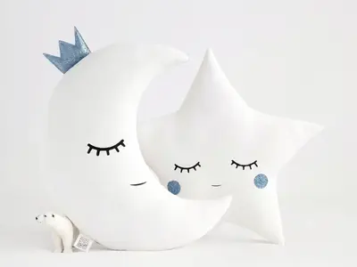 Set of 2 White Pillows - Crescent Moon and Star Pillows with Blue Touch