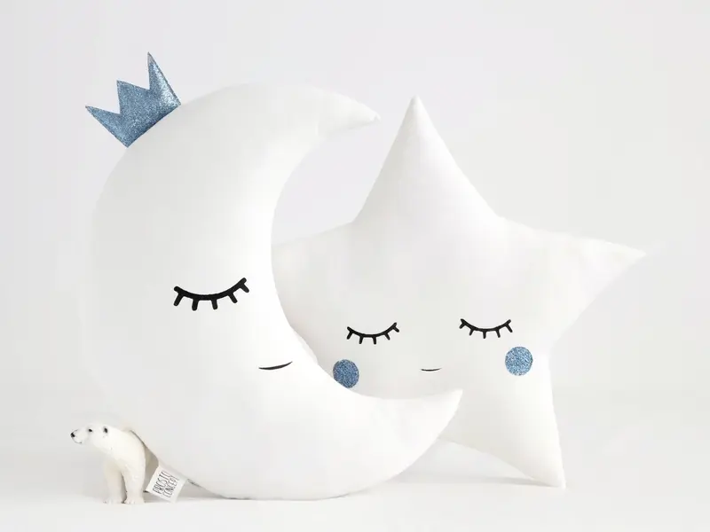 Set of 2 White Pillows - Crescent Moon and Star Pillows with Blue Touch