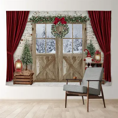 Aperturee Snowin Out Wood Red Curtain Brick Xmas Backdrop