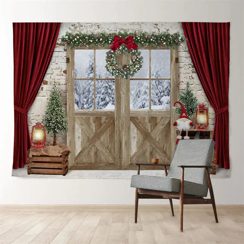 Aperturee Snowin Out Wood Red Curtain Brick Xmas Backdrop
