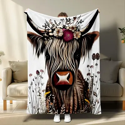 Yak Print Blanket, 1 Count Cow & Flower Pattern Soft Throw Blanket for All Seasons, Lightweight Warm Blanket for Bed Couch So...
