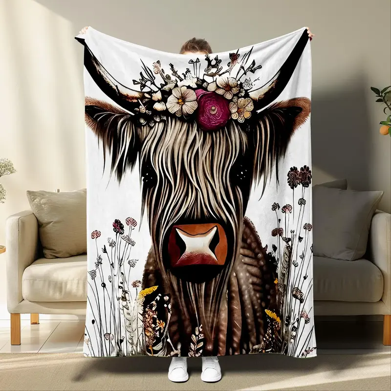 Yak Print Blanket, 1 Count Cow & Flower Pattern Soft Throw Blanket for All Seasons, Lightweight Warm Blanket for Bed Couch So...