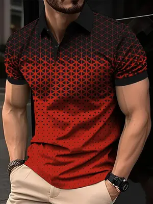 Men's Regular Fit Ombre Geometric Print Short Sleeve Polo Shirt, Casual Graphic Button Front Half Placket Collared Top for Su...
