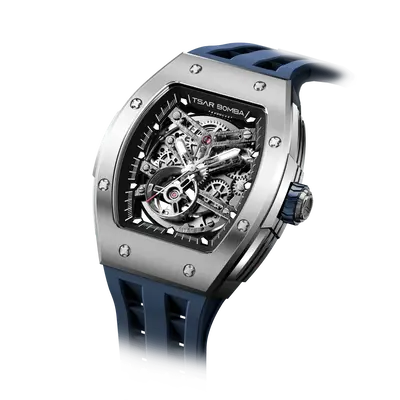 TSAR BOMBA Men's Automatic Watch | Silver Blue | Stainless Steel Case | Japanese Mechanical Skeleton Movement | Luxury Sport ...