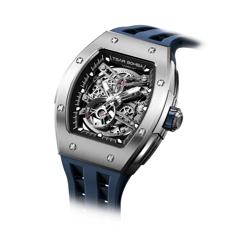 TSAR BOMBA Men's Automatic Watch | Silver Blue | Stainless Steel Case | Japanese Mechanical Skeleton Movement | Luxury Sport ...