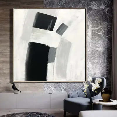 Modern Black and White Painting Canvas Minimalist Wall Art Abstract Expressionism Art Abstract Shapes Art Brush Strokes Paint...