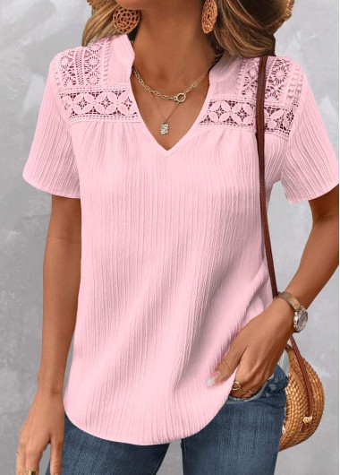 Modlily Light Pink Patchwork Short Sleeve V Neck Blouse - XXL