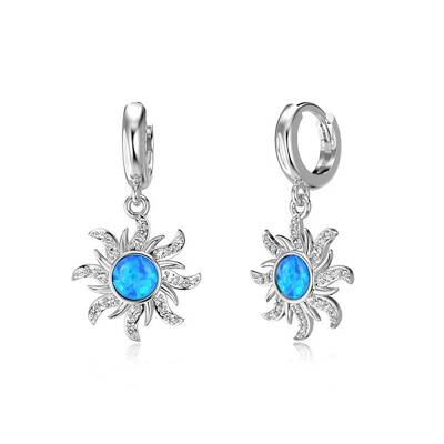 Sun Rhodium Plated 925 Sterling Silver Micro Pave Cubic Zirconia Dangle Hoop Earrings