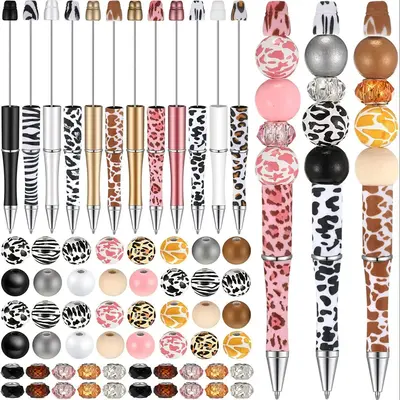 Leopard Print Design Plastic Bead Pens, 12pcs/set DIY Bead Decoration Pens With Colorful Hole Beads, Creative Bead Pens For A...