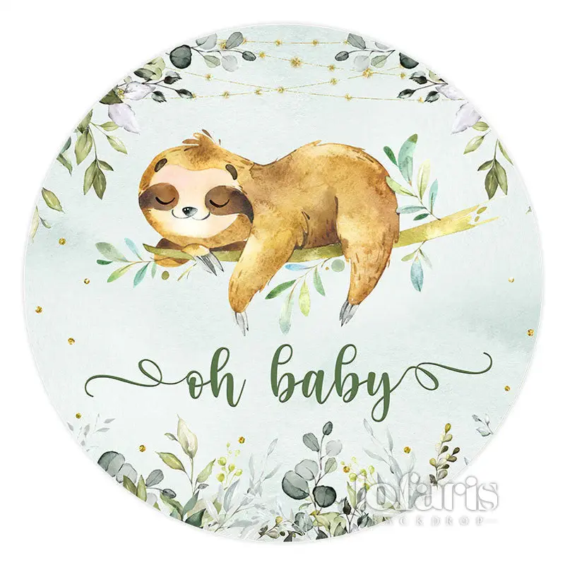 Aperturee Green Leaves And Cute Sloth Round Baby Shower Backdrop | Custom Round Backdrop Cover | Round Party Backdrop | Baby ...