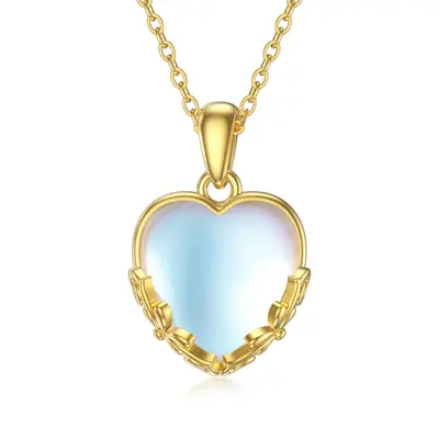 14K Yellow Gold Heart Moonstone Pendant Necklace For Women