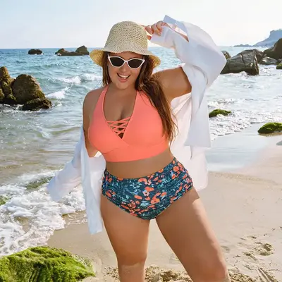 ăSIZE Runs Smallă Hanna Nikole Bikini Sets for Women Plus Size Front Strappy Two Piece Bathing Suits High Waist Tummy Con...