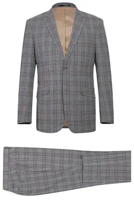 Grey & Bronze Windowpane Plaid Slim Fit Two Button Men's Suit