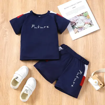 PatPat 2pcs Toddler Boy Casual Colorblock Letter Print Tee & Shorts Set