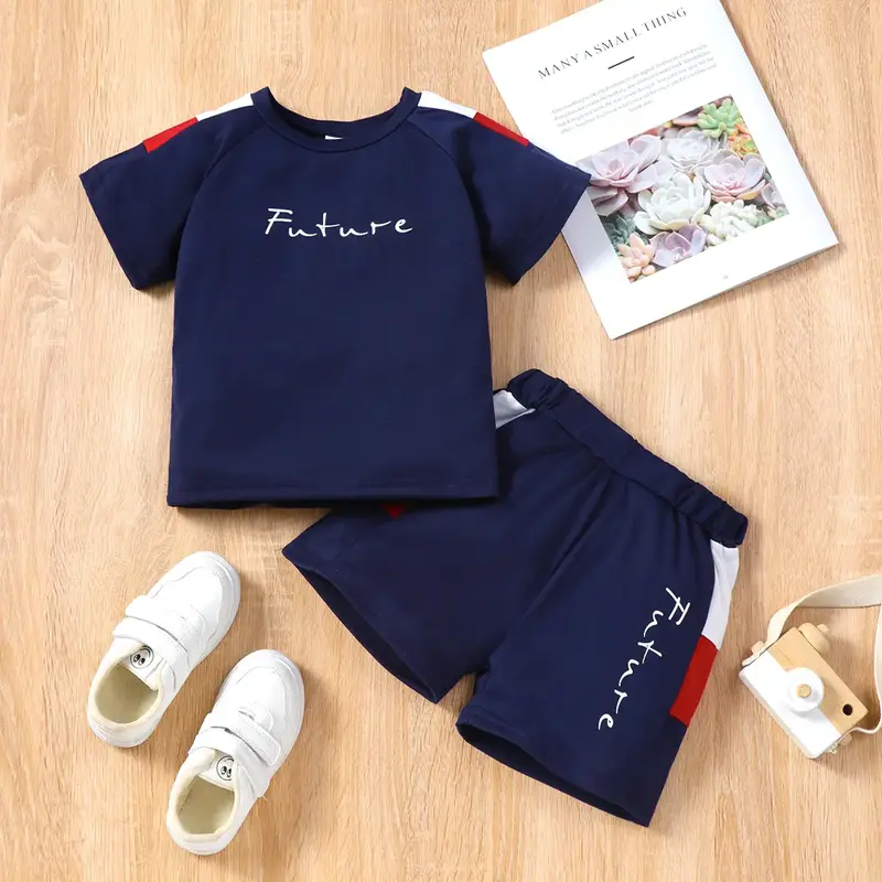 PatPat 2pcs Toddler Boy Casual Colorblock Letter Print Tee & Shorts Set