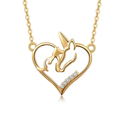 14K Gold Cubic Zirconia Heart & Unicorn Pendant Necklace