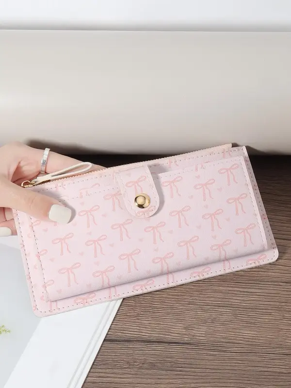Women's Cartoon Bow Pattern Long Wallet, Fashionable Wallet with Multiple Card Slots, Women's Multi-functional Card Holder