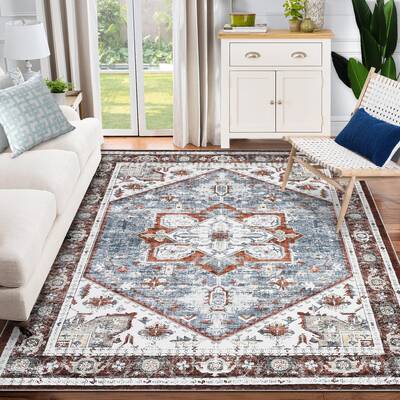 Garvee Machine Washable Vintage Farmhouse Area Rug Rust Print Distressed Design Ultra Soft Non-Slip Carpet for Living Room Be...