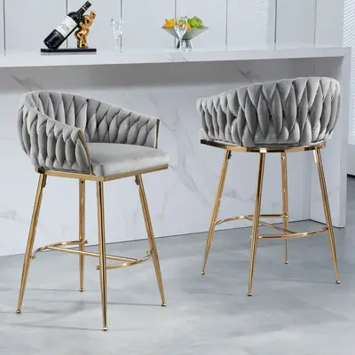 26'' Counter height bar stools Set of 2, velvet kitchen island counter bar stool with hand- wave back, golden chromed base an...