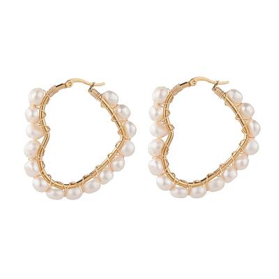 Natural Pearl Wire Wrapped Heart Big Hoop Earrings for Women