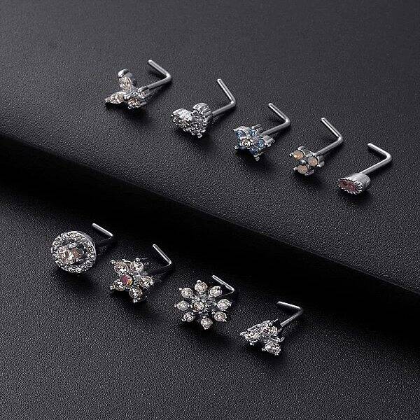 316L Surgical Stainless Steel Clear Cubic Zirconia L-Shaped Nose Rings