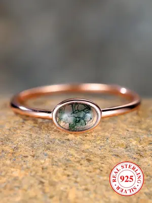 S925 Sterling Silver Rose Gold Color Inlaid Agate Ring, Fashion Accessories for Women & Girls, Trendy All-match & Exquisite J...