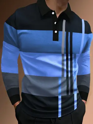 Men's Colorblock Print Half Button Polo Shirt, Regular Fit Casual Long Sleeve Collared Top, Longsleeves Menswear for Daily We...